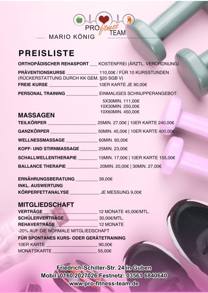 Preisliste Pro Fitness Team Guben, gültig ab 01.11.2026